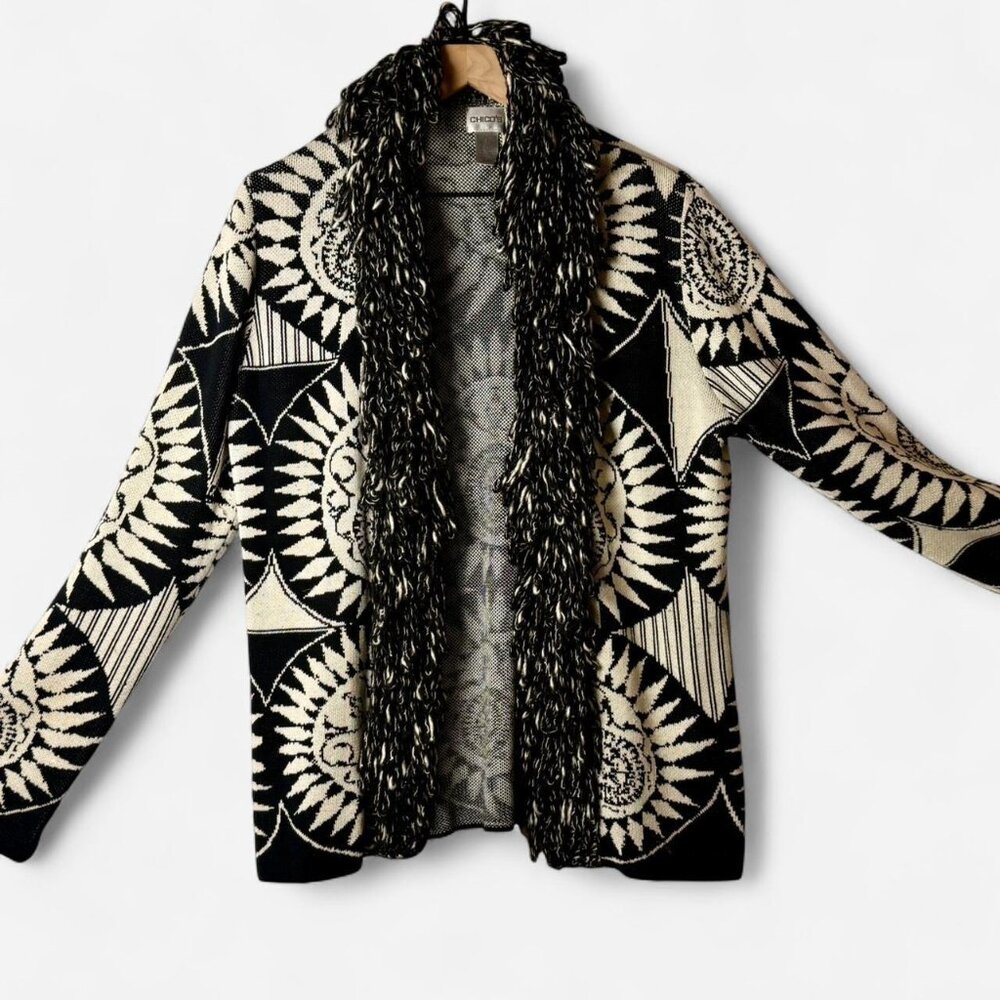 Chico’s - Woman's  Black & White Retro Statement Cardigan with Faux Fur Trim | B